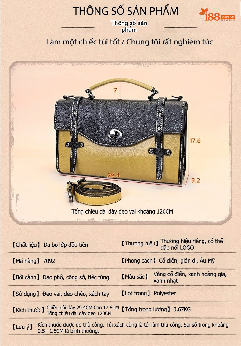 Túi Đeo Chéo Nữ Da Thật Vintage Form Hộp Lớn Đựng Vừa A4 Màu Đen, Vàng, Xanh Dương, Xanh Lá chi tiết 4