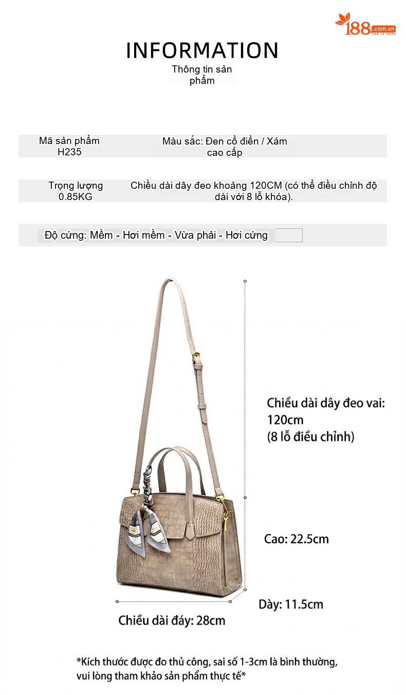 Túi Đeo Chéo Nữ Da Vân Cá Sấu Túi Xách Tay Túi Đeo Vai Màu Be, Đen, Nâu chi tiết 2
