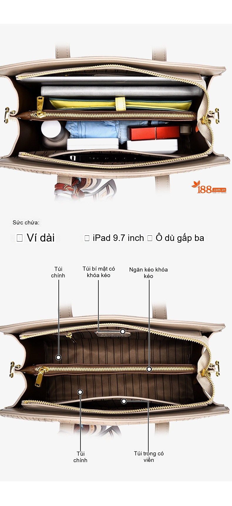 Túi Đeo Chéo Nữ Da Vân Cá Sấu Túi Xách Tay Túi Đeo Vai Màu Be, Đen, Nâu chi tiết 3