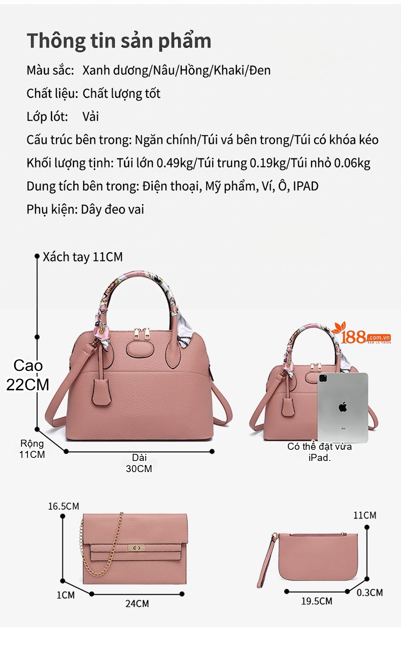 Túi Đeo Chéo Nữ Da Vân Litchi Set 3 Món Dung Tích Lớn Phong Cách Thời Trang Màu Nâu, Hồng, Xanh, Đen... chi tiết 5