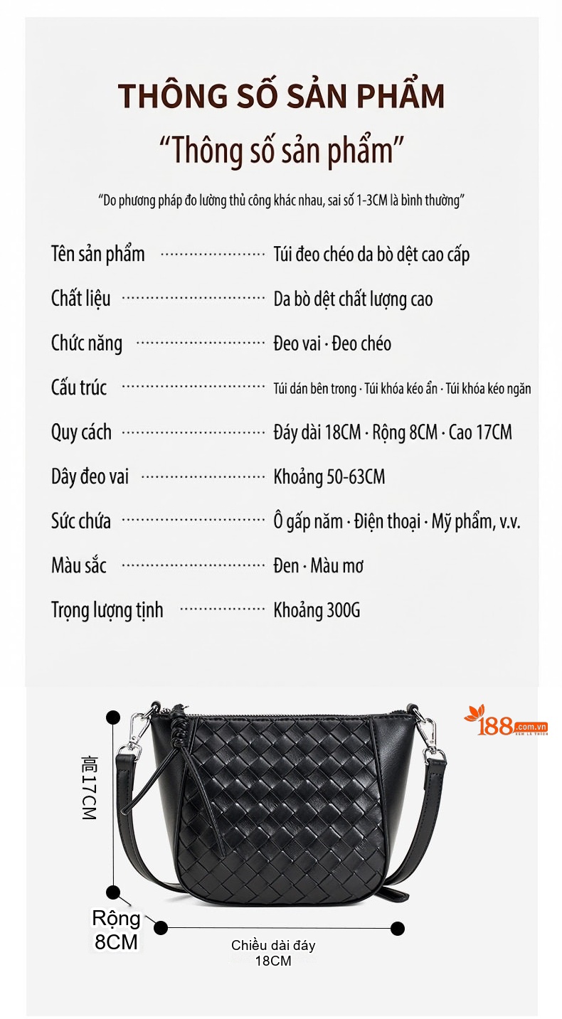 Túi Đeo Chéo Nữ Dáng Bánh Bao Dệt Ô Vuông Da Bóng Cao Cấp Màu Đen, Kem chi tiết 3