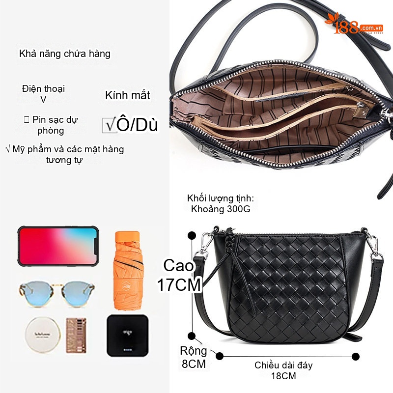 Túi Đeo Chéo Nữ Dáng Bánh Bao Dệt Ô Vuông Da Bóng Cao Cấp Màu Đen, Kem