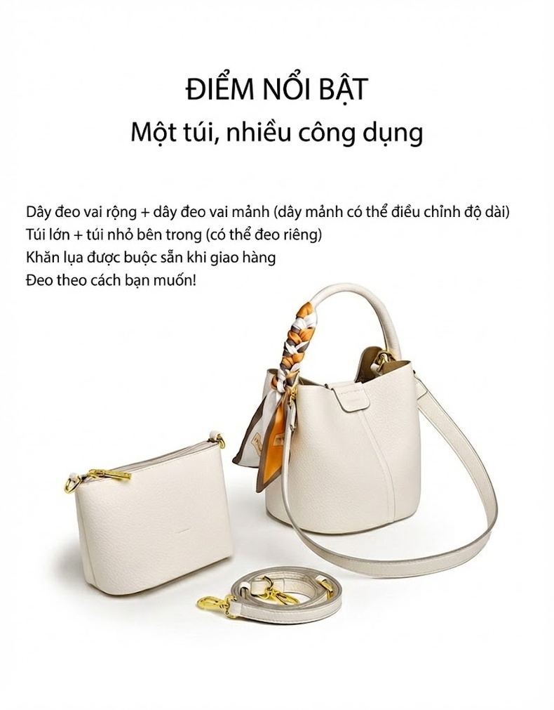 Túi Đeo Chéo Nữ Dáng Thùng Nhỏ Gọn Da Bóng Màu Kem, Trắng chi tiết 4