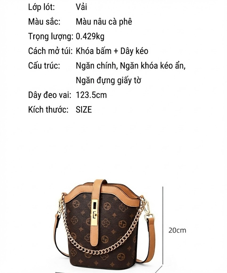 Túi Đeo Chéo Nữ Dáng Thùng Nhỏ Nhắn Quai Xích Da Bóng Màu Nâu chi tiết 2