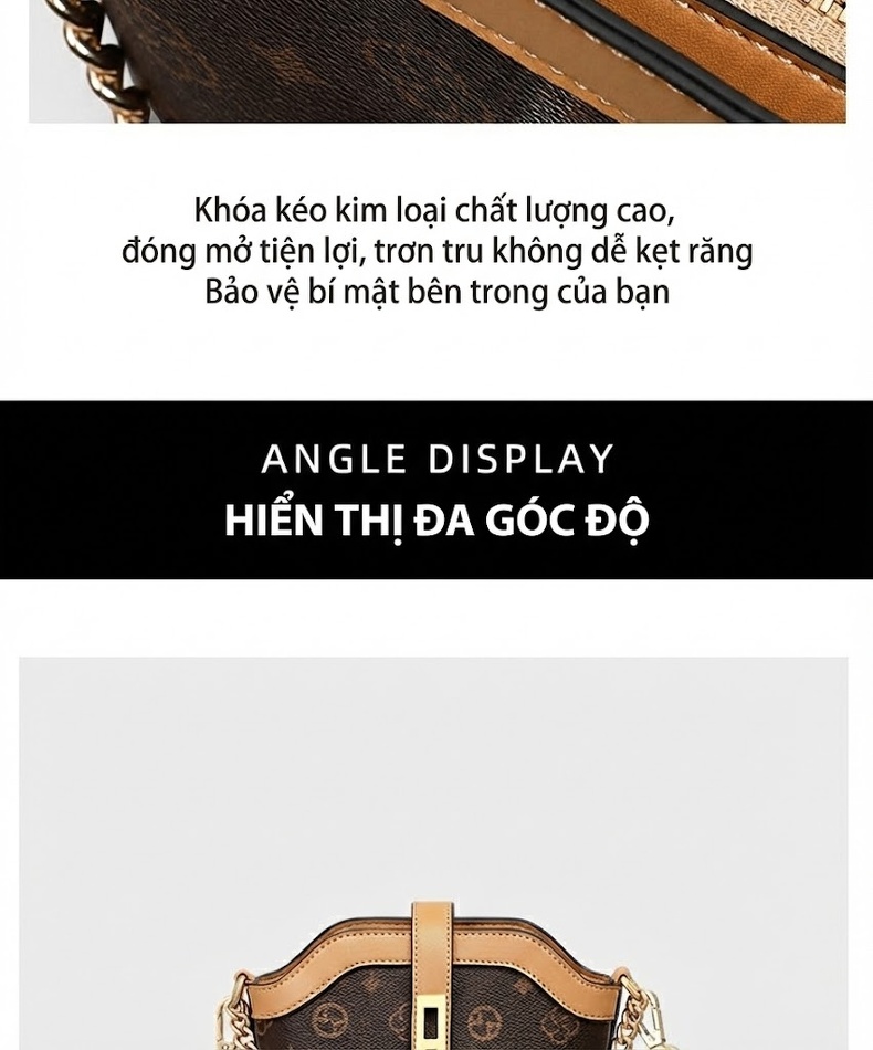 Túi Đeo Chéo Nữ Dáng Thùng Nhỏ Nhắn Quai Xích Da Bóng Màu Nâu chi tiết 10
