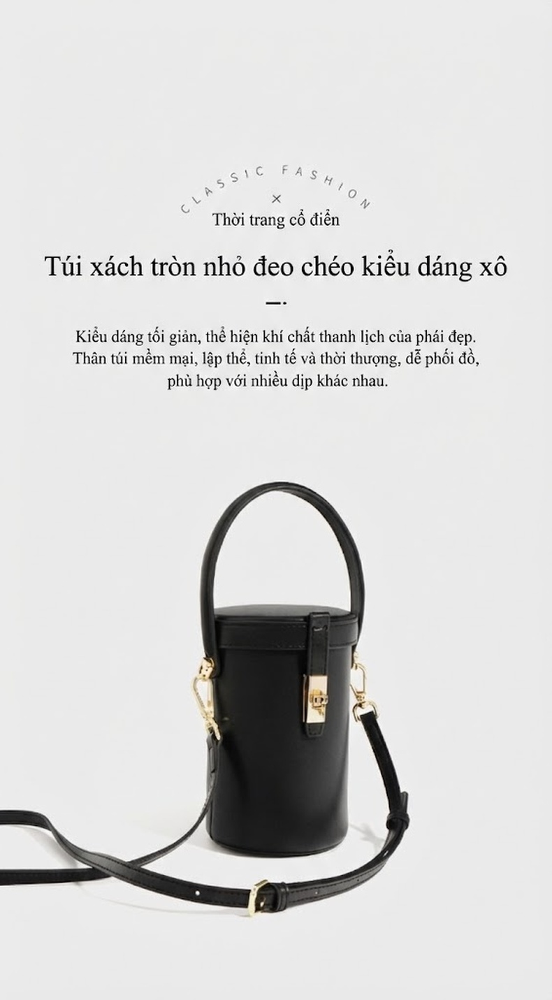 Túi Đeo Chéo Nữ Dáng Tròn Mini Xách Tay Thời Trang Màu Đen chi tiết 1