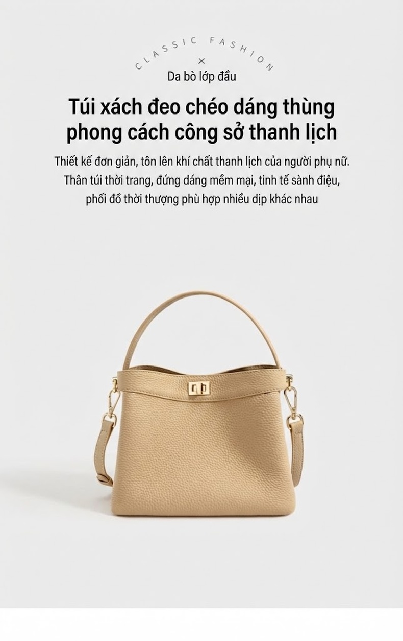 Túi Đeo Chéo Nữ Dáng Xô Vân Da Thời Trang Công Sở Màu Kem chi tiết 7