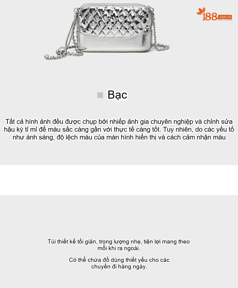 Túi Đeo Chéo Nữ Hình Hộp Chữ Nhật Da Bóng Quả Trám Dây Xích Màu Bạc chi tiết 9