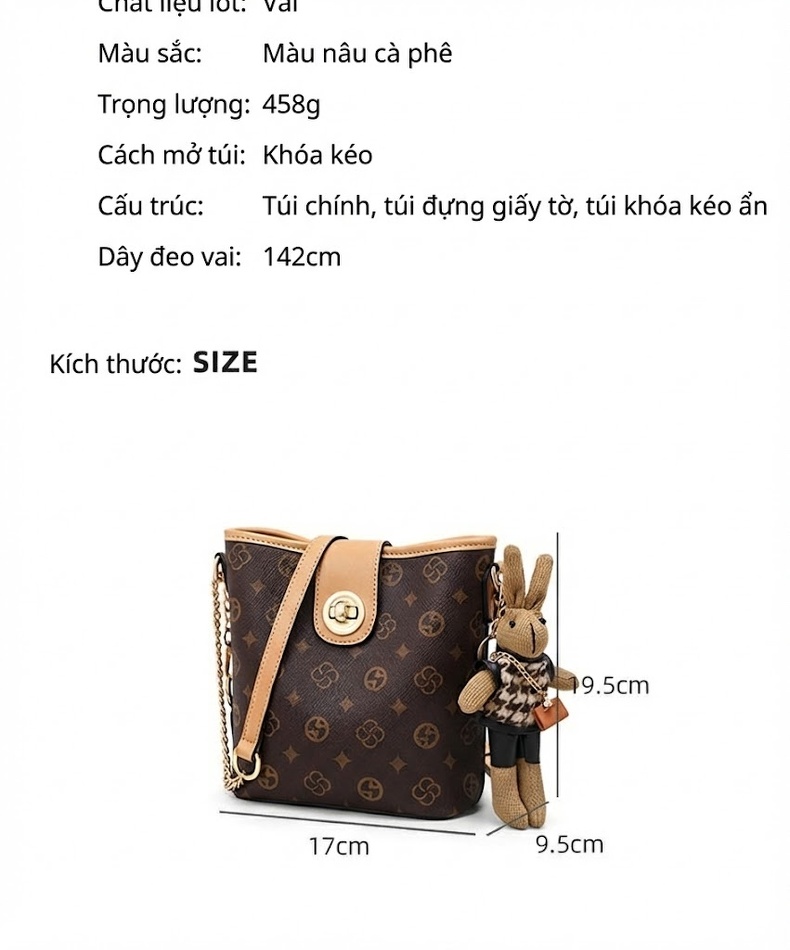 Túi Đeo Chéo Nữ Hình Xô Bề Mặt Da Bóng Họa Tiết Cổ Điển, Dây Xích Vàng chi tiết 2