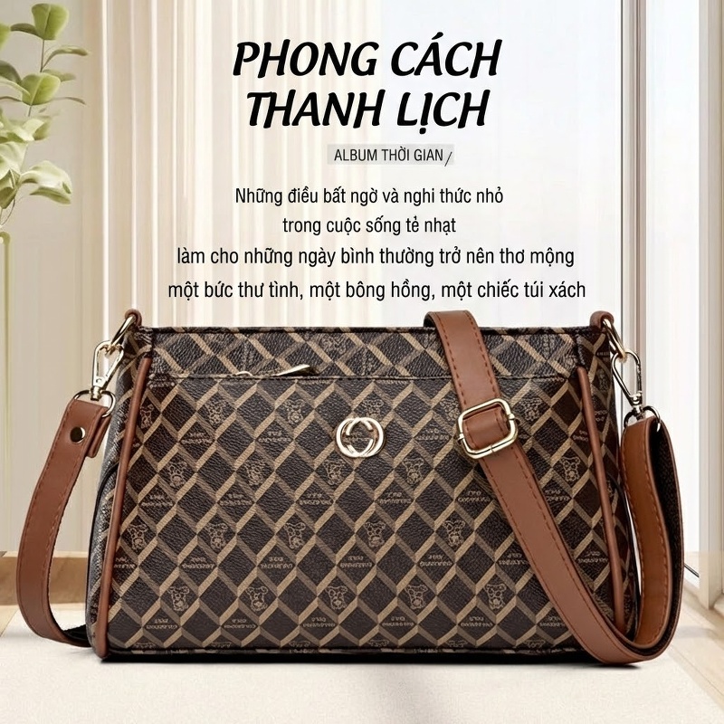 Túi Đeo Chéo Nữ Họa Tiết Cao Cấp Phong Cách Nhẹ nhàng Màu Nâu, Kem chi tiết 14