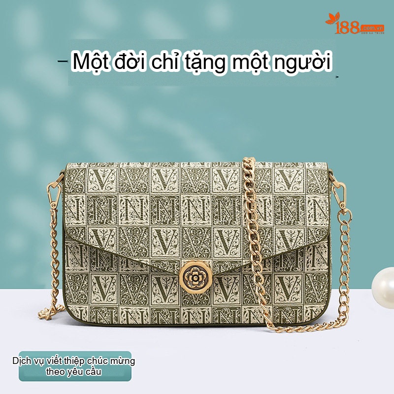 Túi Đeo Chéo Nữ Họa Tiết Chữ V Dây Xích Kim Loại Kiểu Túi Phong Bì Màu Xanh Lá