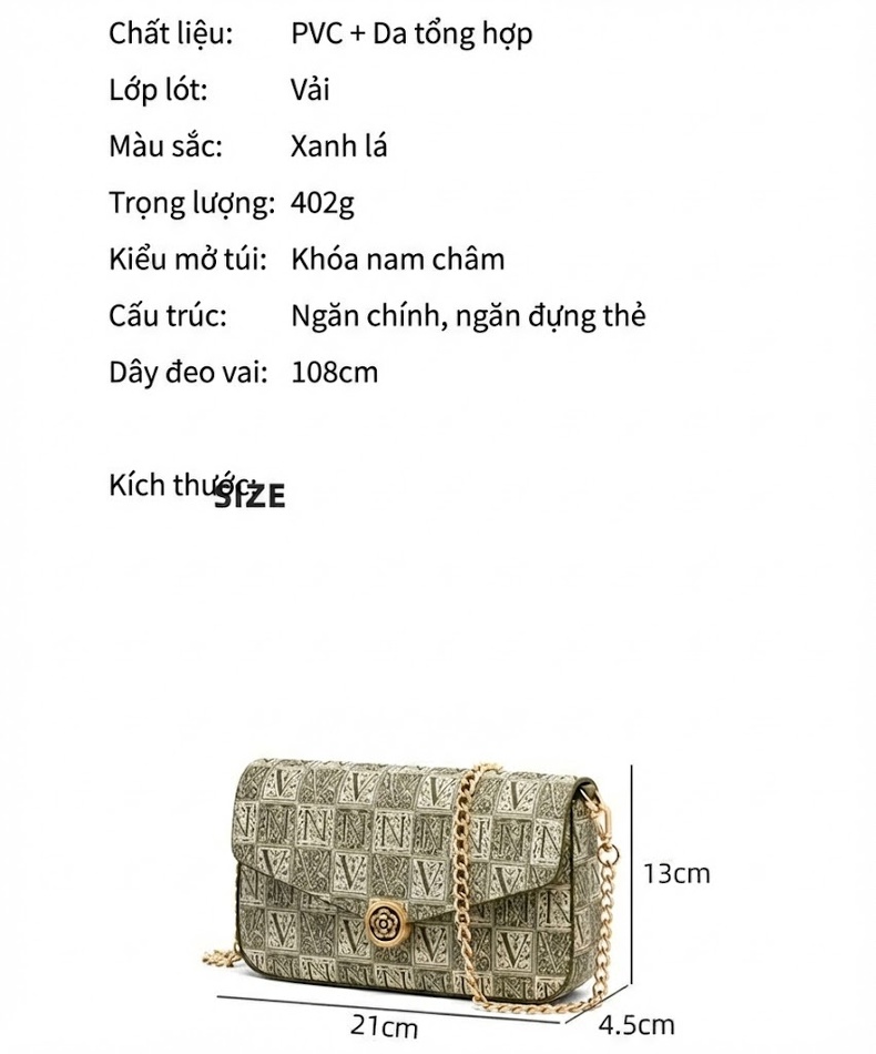 Túi Đeo Chéo Nữ Họa Tiết Chữ V Dây Xích Kim Loại Kiểu Túi Phong Bì Màu Xanh Lá chi tiết 4