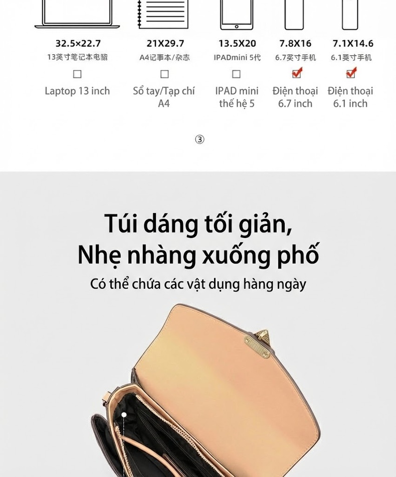 Túi Đeo Chéo Nữ Họa Tiết Chữ Xích Tay Cầm Da Bóng Cao Cấp Màu Nâu, Nâu Đậm chi tiết 7
