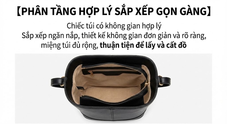 Túi Đeo Chéo Nữ Kiểu Dáng Bucket Nhỏ Gọn Thời Trang Da Thật Màu Nâu, Đen chi tiết 12