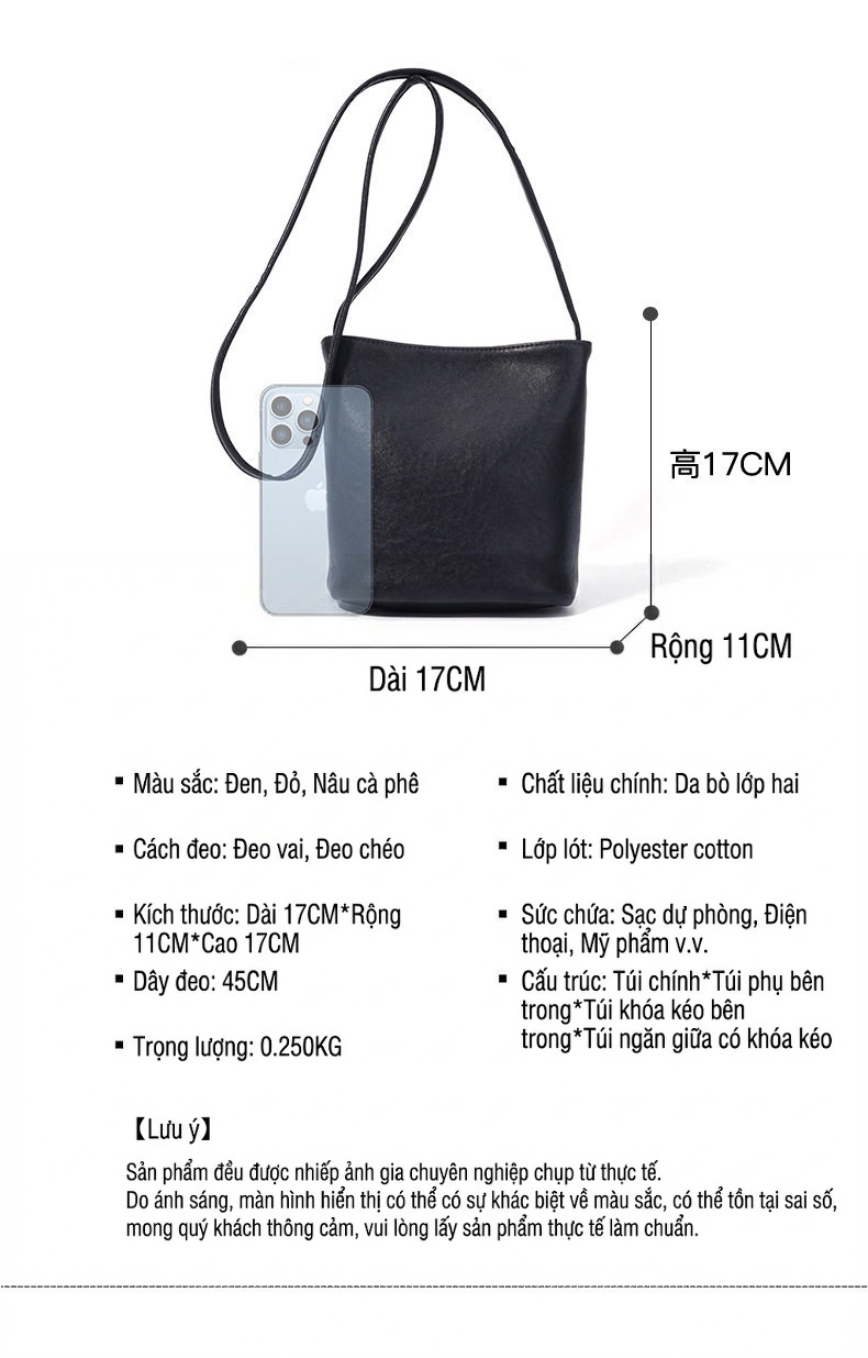 Túi Đeo Chéo Nữ Kiểu Dáng Bucket Nhỏ Gọn Thời Trang Da Thật Màu Nâu, Đen chi tiết 10