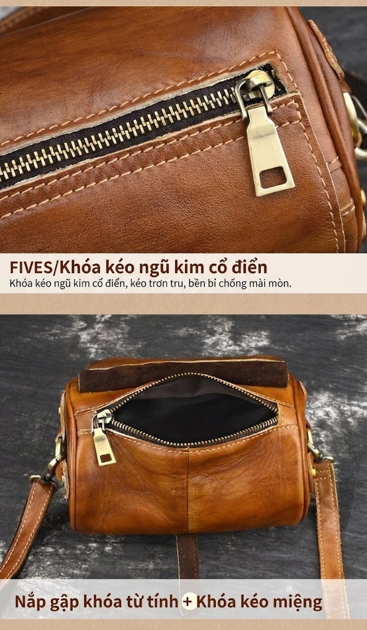 Túi Đeo Chéo Nữ Kiểu Dáng Trống Da Bóng Vintage Hàn Quốc Màu Nâu chi tiết 13