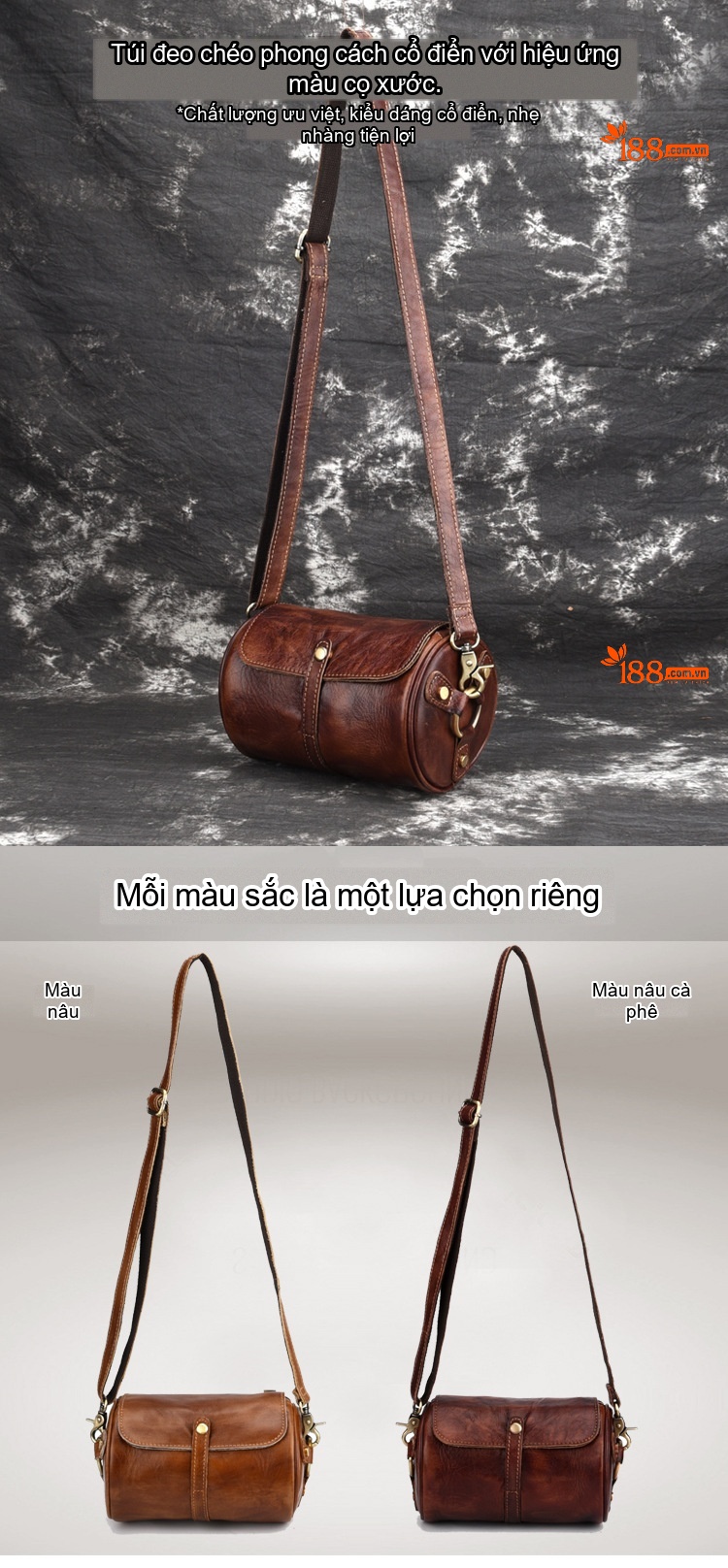 Túi Đeo Chéo Nữ Kiểu Dáng Trống Da Bóng Vintage Hàn Quốc Màu Nâu chi tiết 1