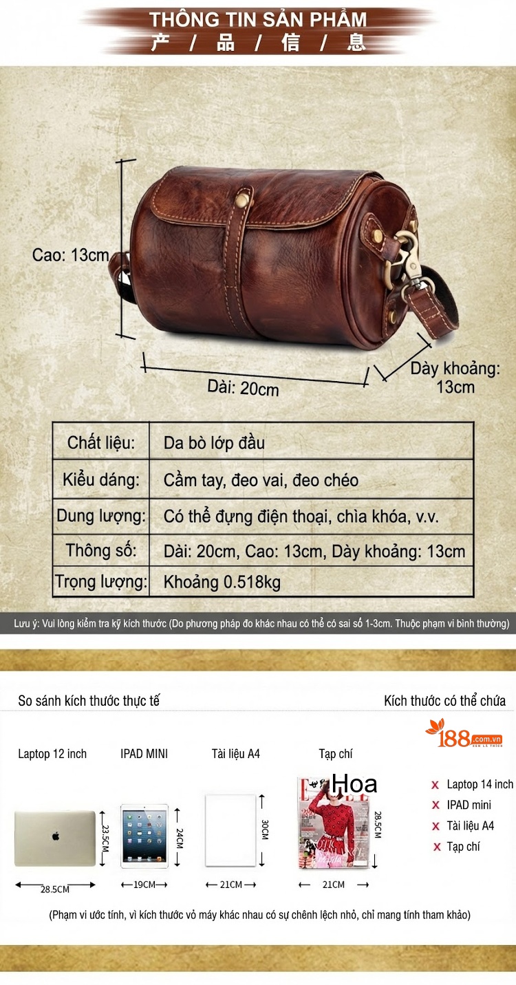 Túi Đeo Chéo Nữ Kiểu Dáng Trống Da Bóng Vintage Hàn Quốc Màu Nâu chi tiết 2