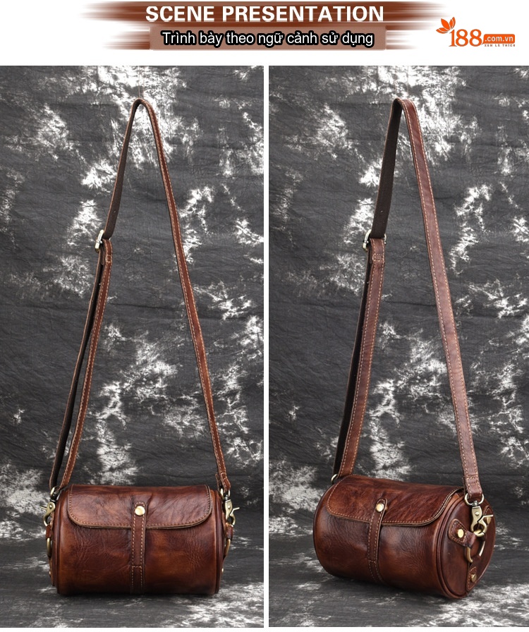 Túi Đeo Chéo Nữ Kiểu Dáng Trống Da Bóng Vintage Hàn Quốc Màu Nâu chi tiết 3