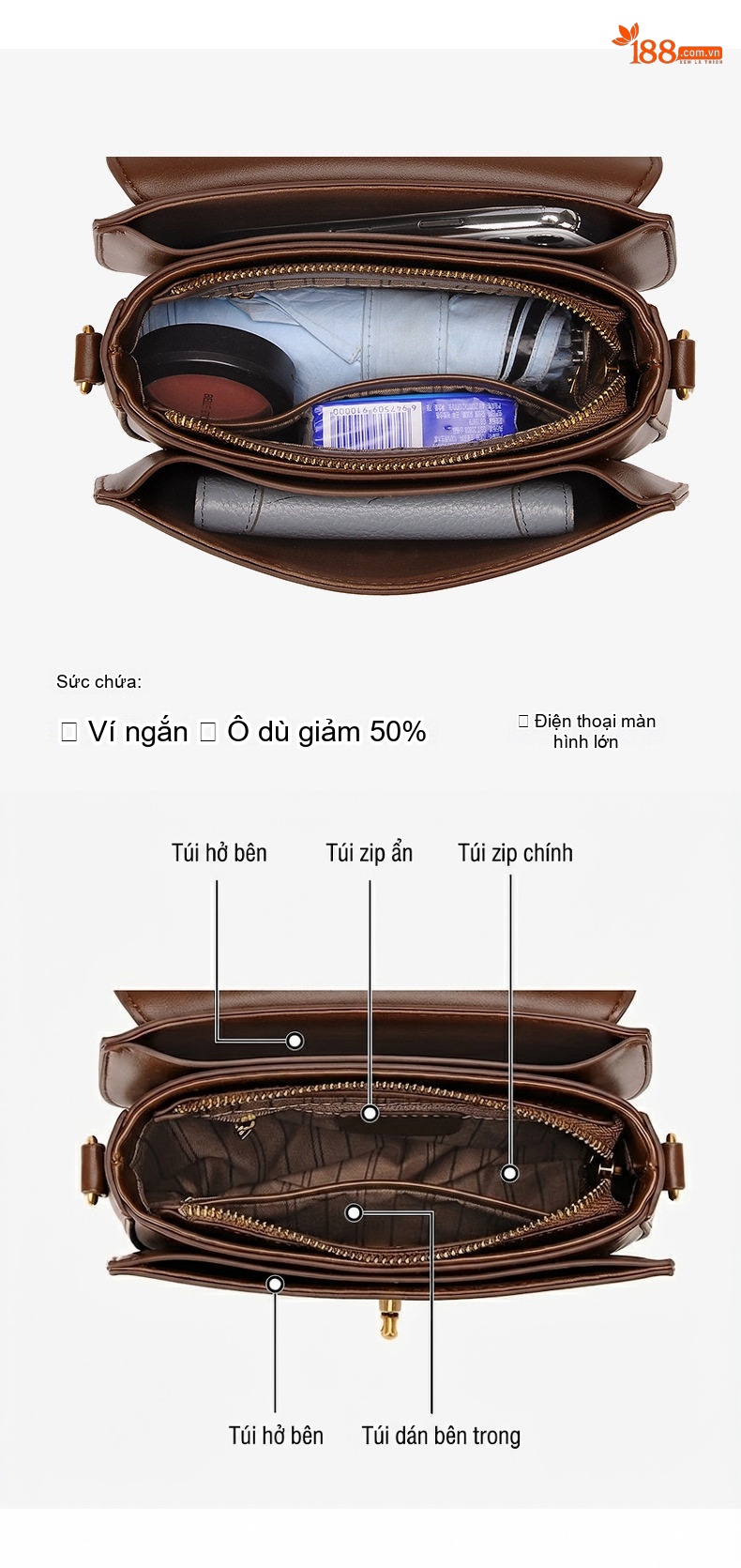 Túi Đeo Chéo Nữ Kiểu Túi Hộp Nắp Gập Phối Đồ Màu Nâu, Trắng Kem, Đen chi tiết 4