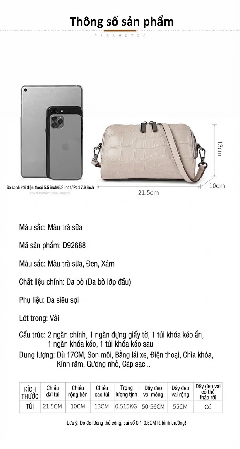 Túi Đeo Chéo Nữ Mini Da Bò Dáng Trống Hai Dây Đeo Màu Kem chi tiết 9