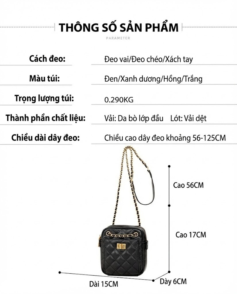 Túi Đeo Chéo Nữ Mini Da Bò Dây Xích Thời Trang Cao Cấp Màu Đen, Hồng, Xám, Trắng chi tiết 22