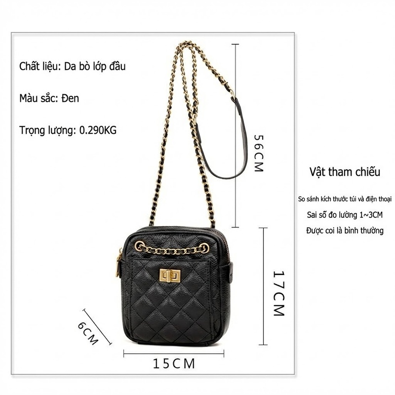 Túi Đeo Chéo Nữ Mini Da Bò Dây Xích Thời Trang Cao Cấp Màu Đen, Hồng, Xám, Trắng