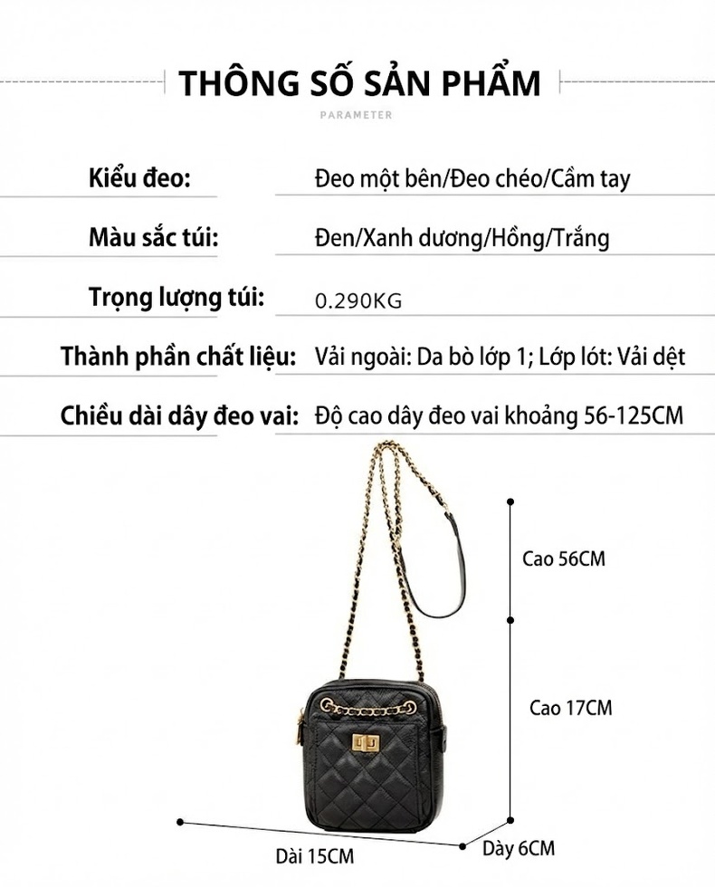 Túi Đeo Chéo Nữ Mini Da Bò Dây Xích Thời Trang Cao Cấp Màu Đen, Hồng, Xám, Trắng chi tiết 5