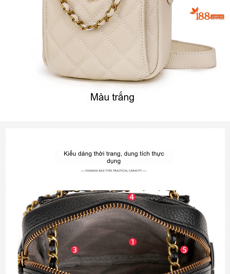 Túi Đeo Chéo Nữ Mini Da Bò Dây Xích Thời Trang Cao Cấp Màu Đen, Hồng, Xám, Trắng chi tiết 9