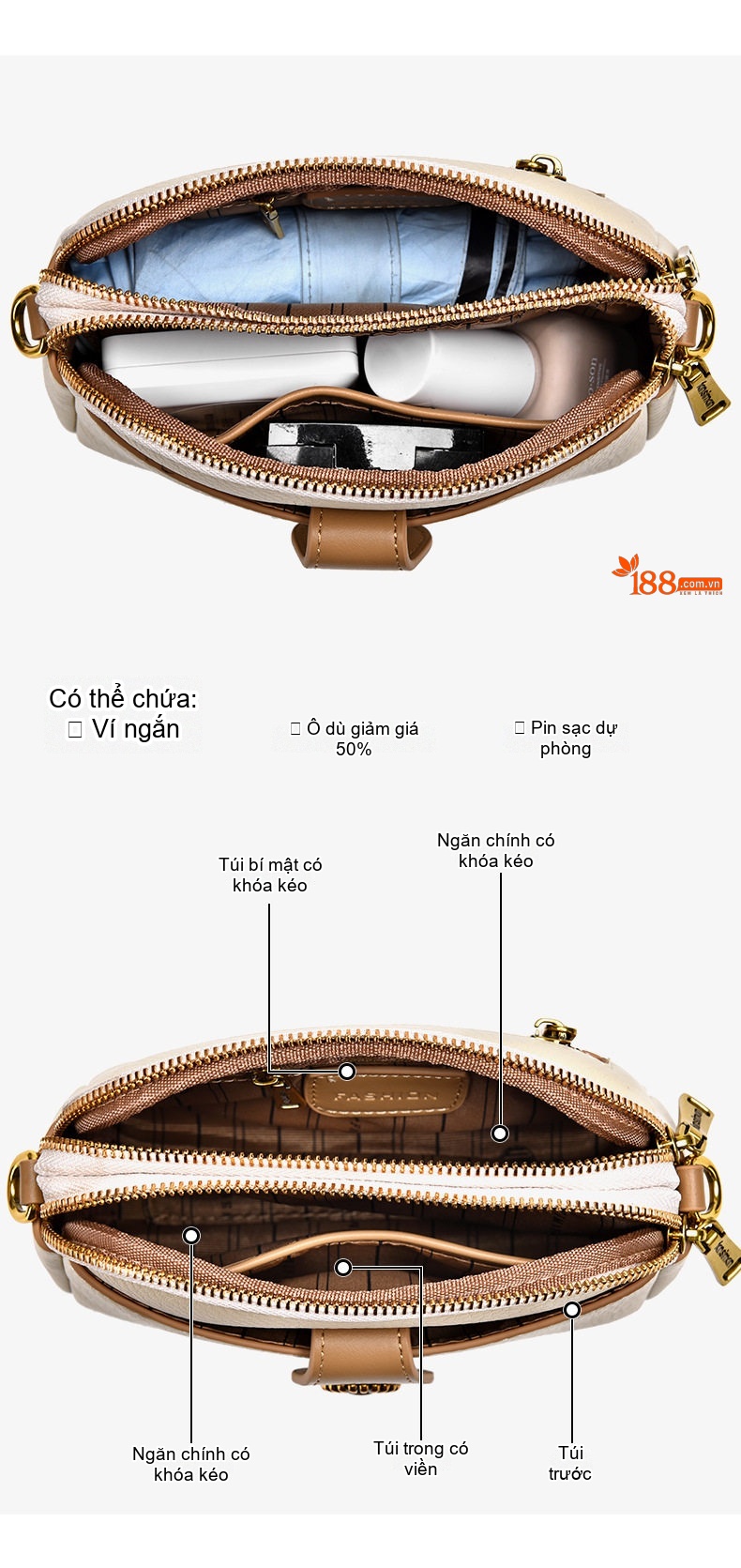 Túi Đeo Chéo Nữ Mini Da Bóng Đựng Điện Thoại, Túi Đeo Vai Nữ Dung Tích Lớn Màu Kem, Nâu, Đen chi tiết 5