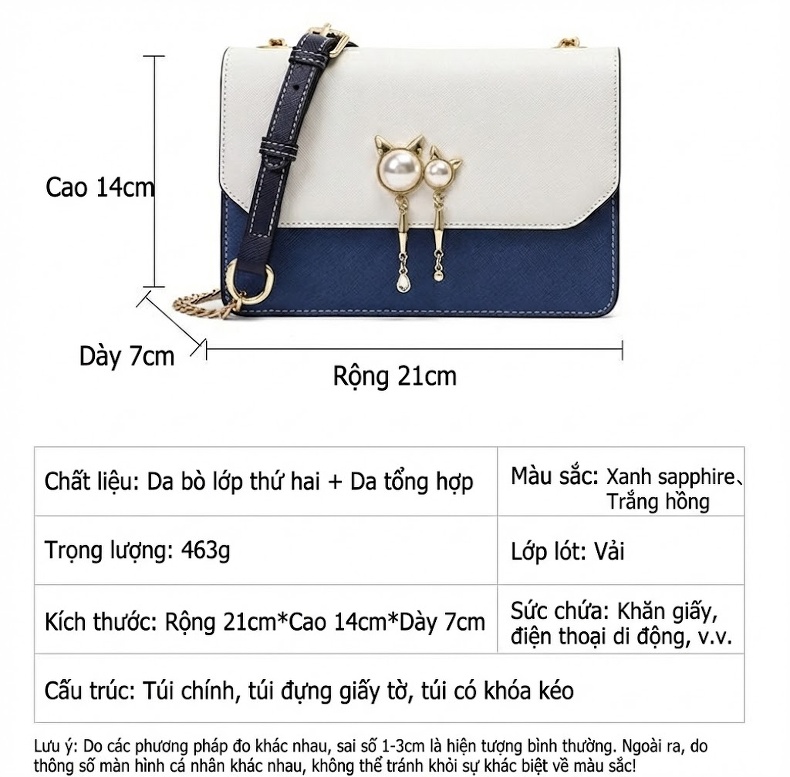 Túi Đeo Chéo Nữ Mini Da Mờ Phong Cách Hàn Quốc Màu Trắng, Xanh Navy chi tiết 9