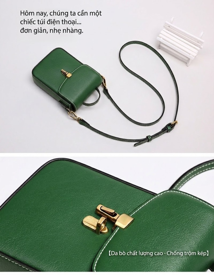 Túi Đeo Chéo Nữ Mini Da Thật Dáng Hộp Phom Đứng Màu Đen chi tiết 1
