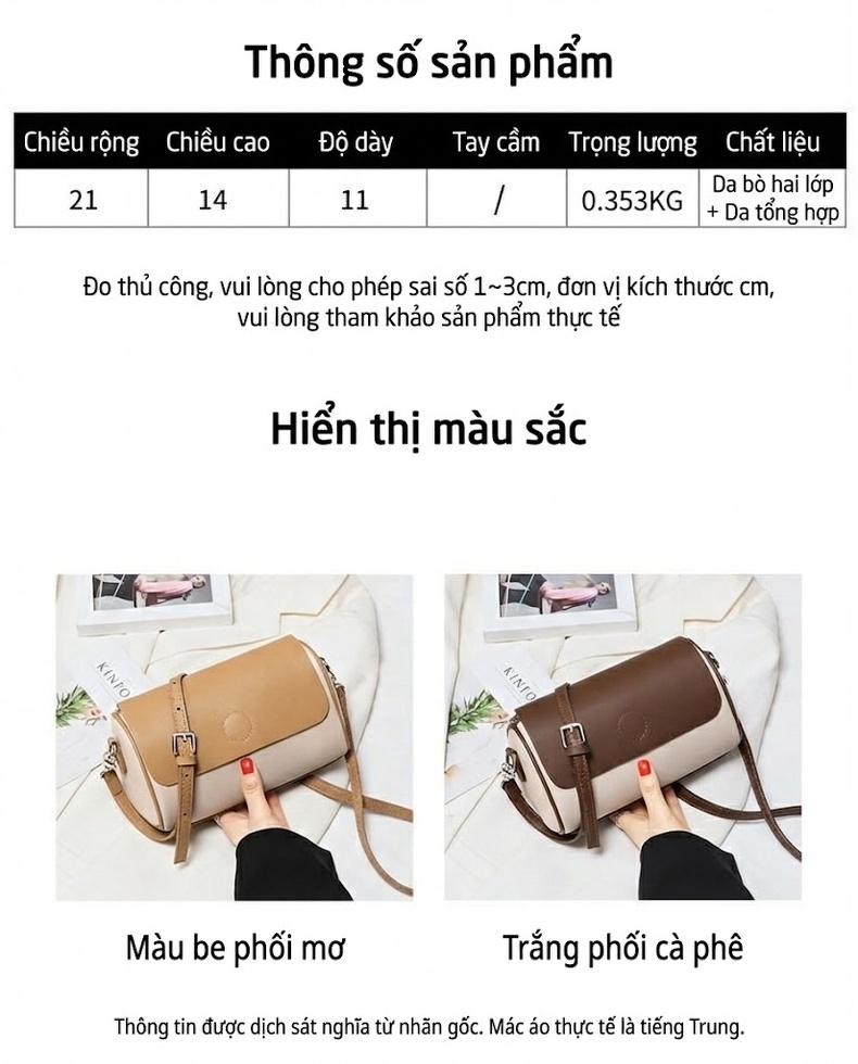 Túi Đeo Chéo Nữ Mini Da Thật Thiết Kế Hình Trụ Màu Nâu, Kem chi tiết 2