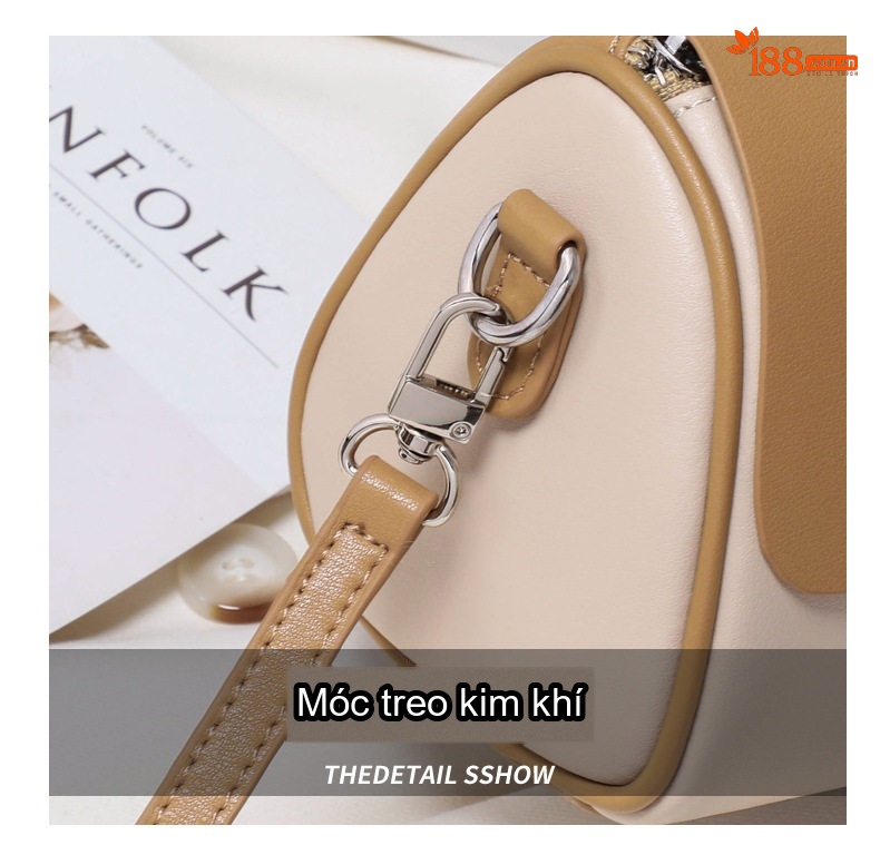 Túi Đeo Chéo Nữ Mini Da Thật Thiết Kế Hình Trụ Màu Nâu, Kem chi tiết 7