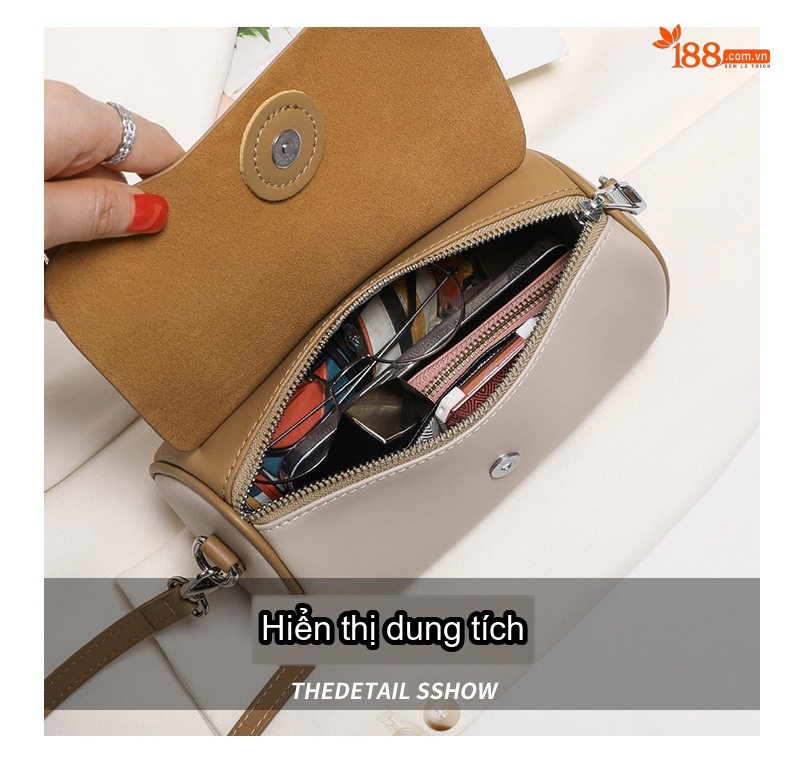 Túi Đeo Chéo Nữ Mini Da Thật Thiết Kế Hình Trụ Màu Nâu, Kem chi tiết 8