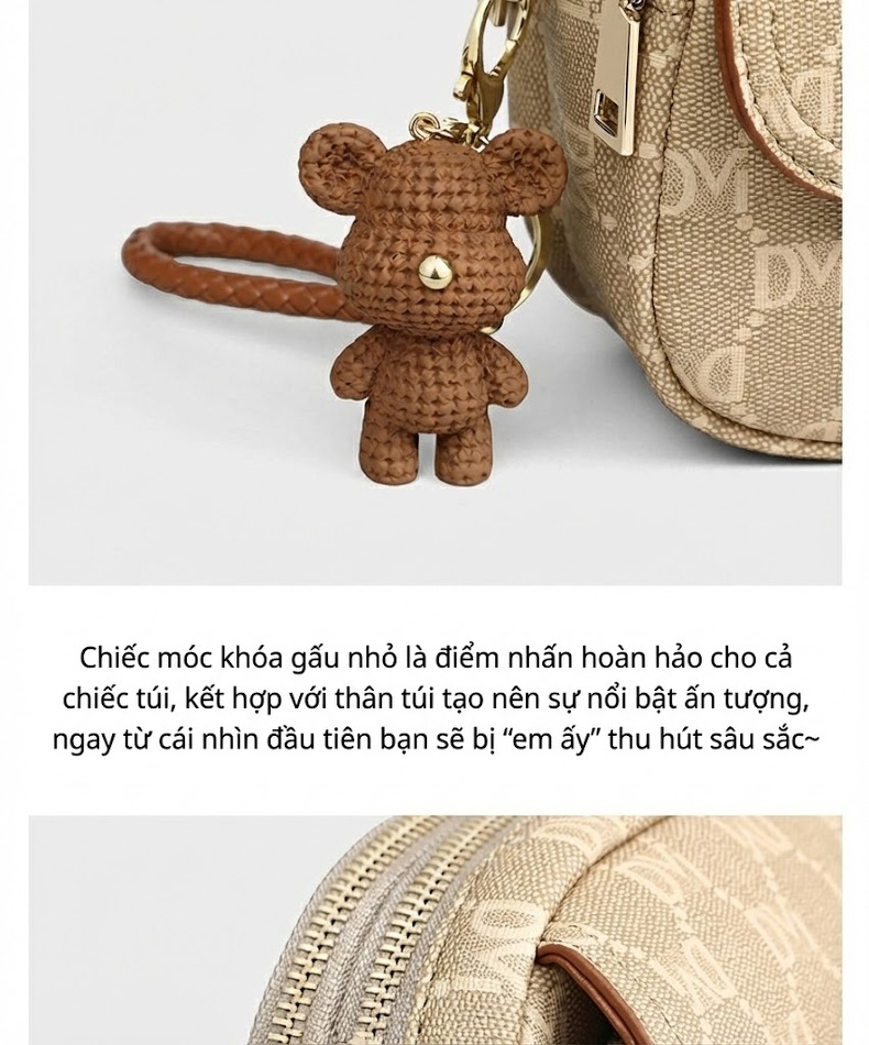 Túi Đeo Chéo Nữ Mini Dáng Tròn Họa Tiết Chữ Kèm Móc Gấu Màu Be chi tiết 12