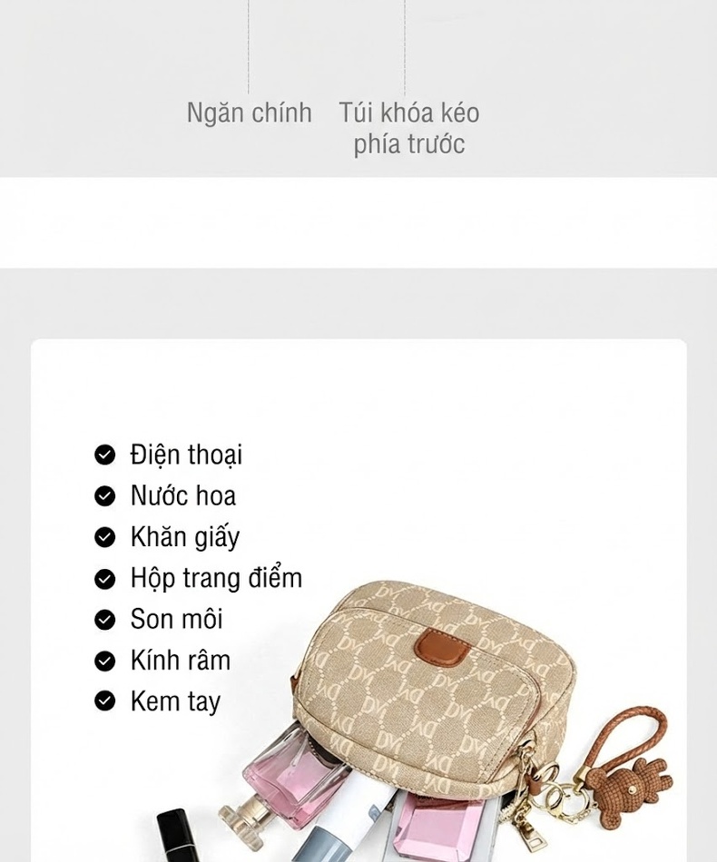 Túi Đeo Chéo Nữ Mini Dáng Tròn Họa Tiết Chữ Kèm Móc Gấu Màu Be chi tiết 8