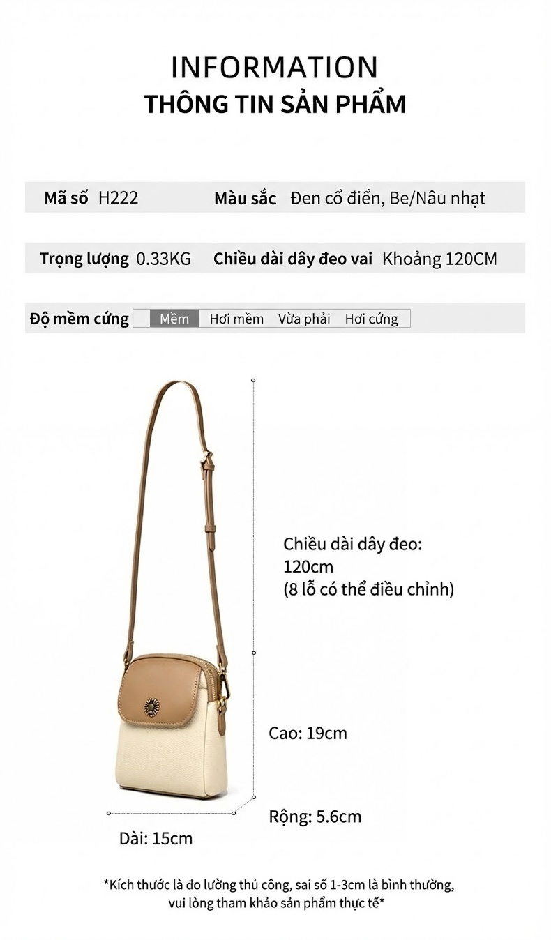 Túi Đeo Chéo Nữ Mini Đựng Điện Thoại Da Bóng Phong Cách Hàn Quốc Màu Kem, Nâu, Đen chi tiết 2