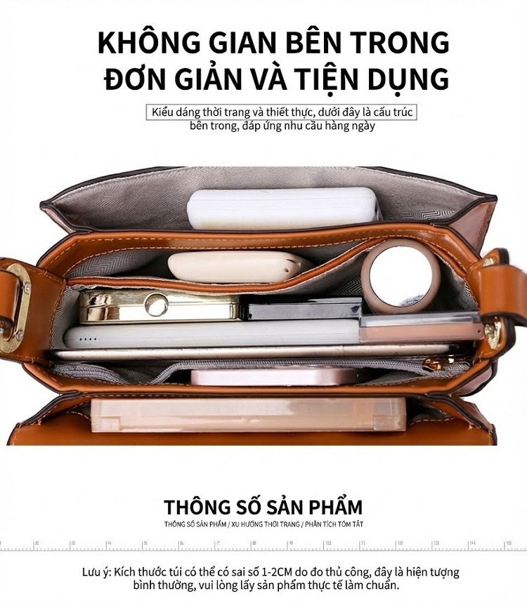 Túi Đeo Chéo Nữ Mini Họa Tiết Hình Học Dây Đeo Vai Da Màu Nâu, Đen chi tiết 4