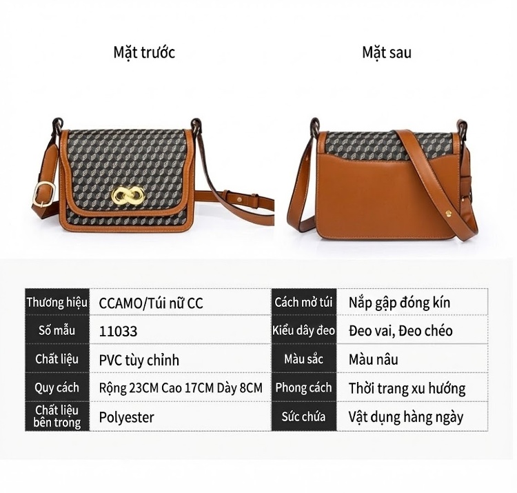Túi Đeo Chéo Nữ Mini Họa Tiết Hình Học Dây Đeo Vai Da Màu Nâu, Đen chi tiết 5