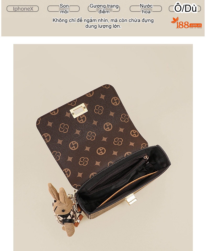 Túi Đeo Chéo Nữ Mini Họa Tiết Vintage Dây Xích Phong Cách Sang Trọng Màu Nâu Đậm, Nâu Nhạt chi tiết 8