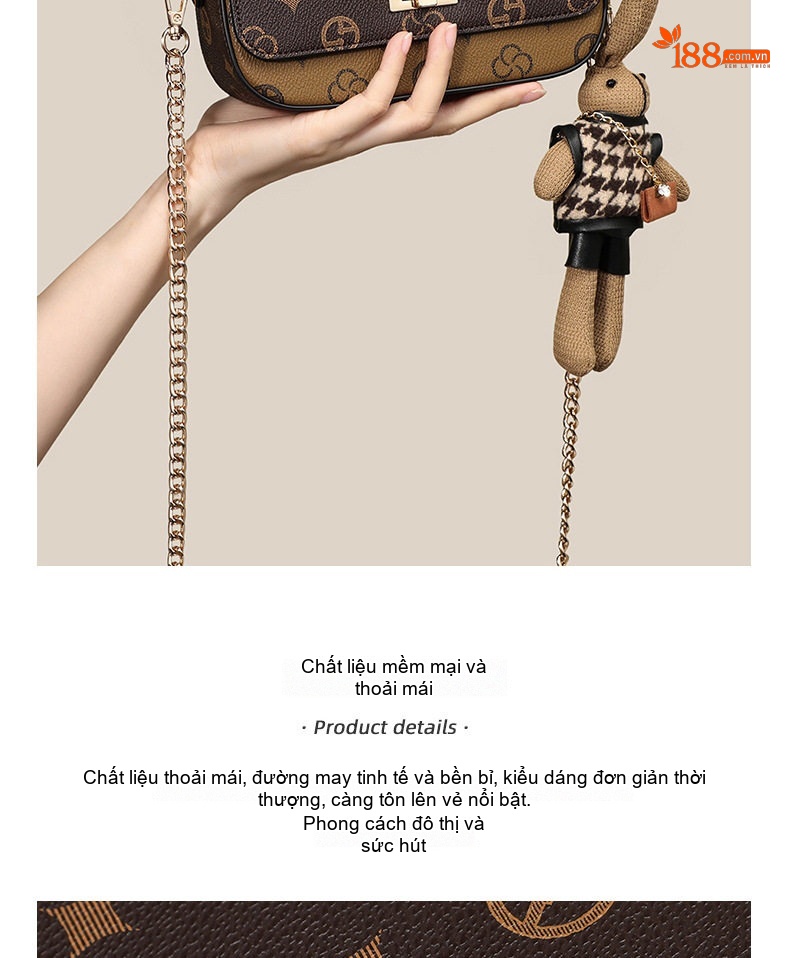 Túi Đeo Chéo Nữ Mini Họa Tiết Vintage Dây Xích Phong Cách Sang Trọng Màu Nâu Đậm, Nâu Nhạt chi tiết 3