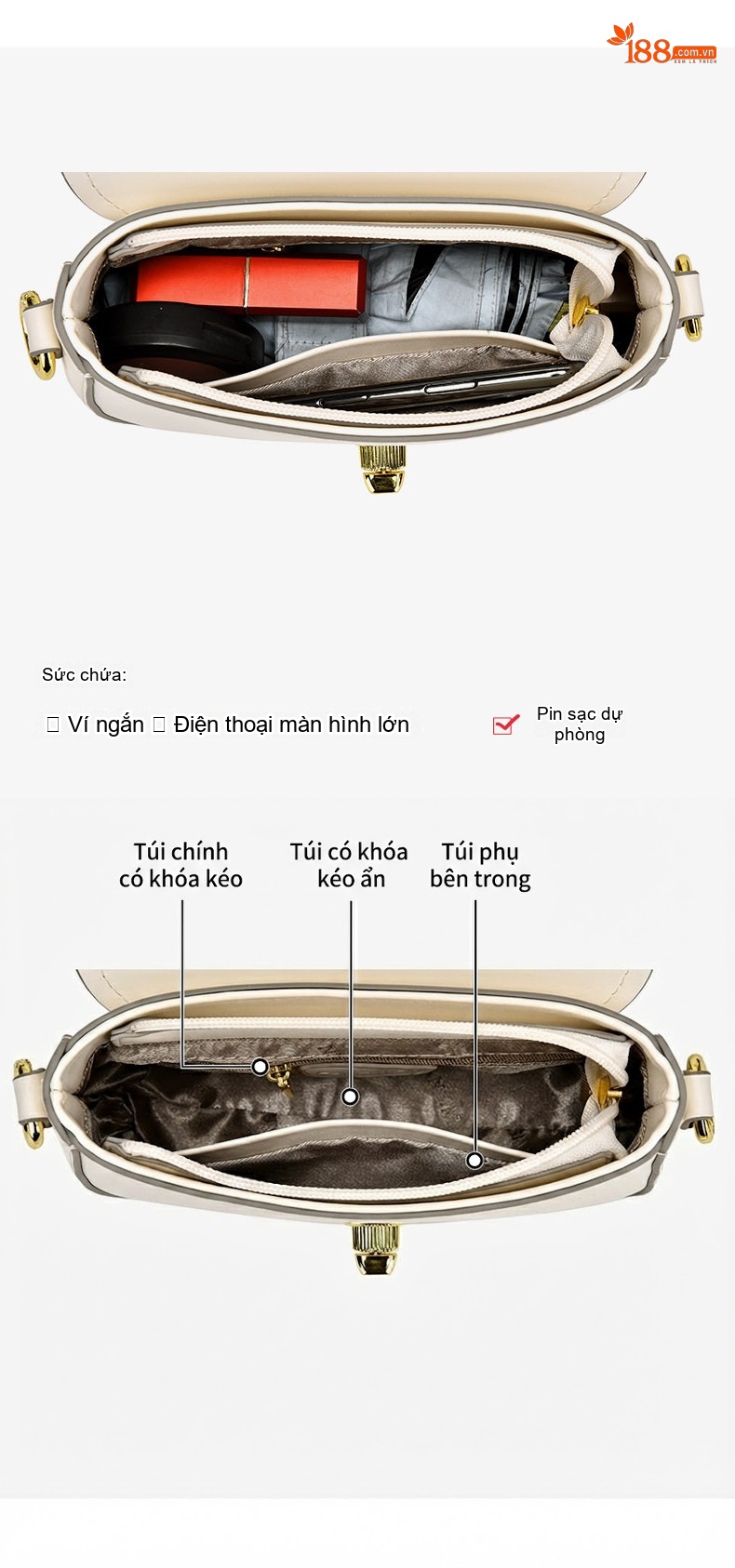 Túi Đeo Chéo Nữ Mini Phom Vuông Nhỏ Gọn Bề Mặt Da Bóng Màu Trắng, Đen chi tiết 5
