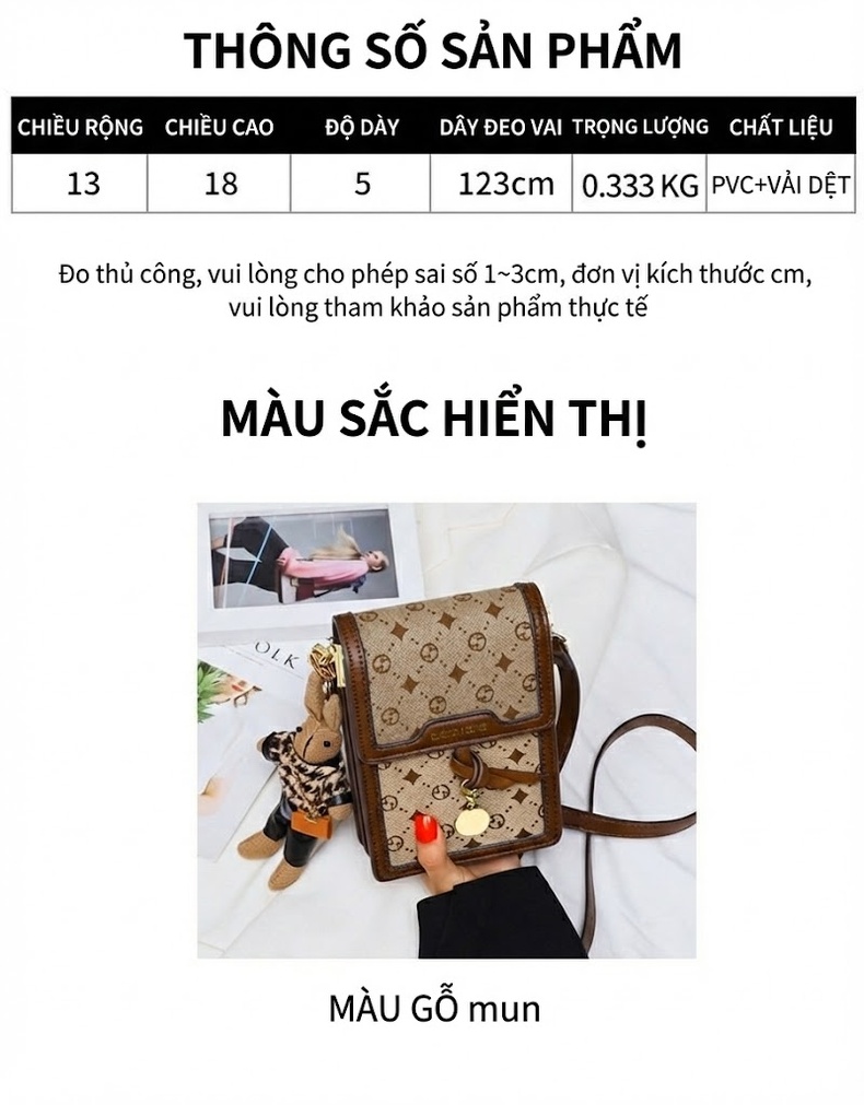 Túi Đeo Chéo Nữ Mini Thiết Kế Sang Trọng Cao Cấp Màu Nâu, Be chi tiết 1