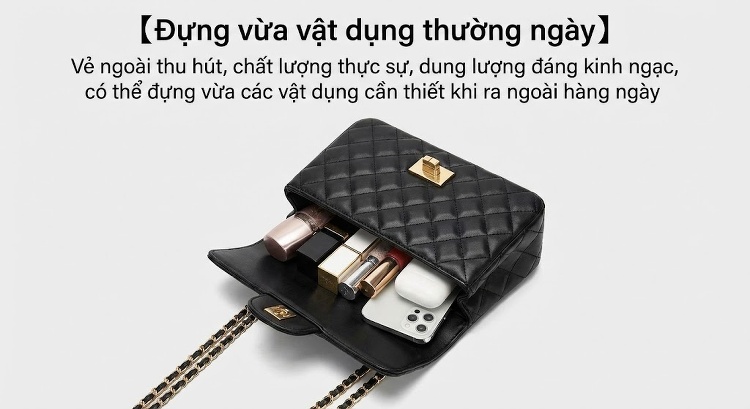 Túi Đeo Chéo Nữ Mini Trám Ô Dây Xích Da Bóng Phong Cách Tiểu Hương Màu Đen, Trắng, Đỏ, Hồng... chi tiết 80