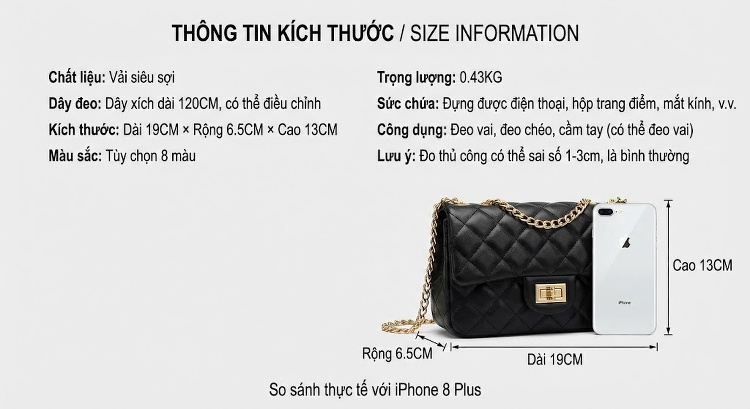 Túi Đeo Chéo Nữ Mini Trám Ô Dây Xích Da Bóng Phong Cách Tiểu Hương Màu Đen, Trắng, Đỏ, Hồng... chi tiết 7