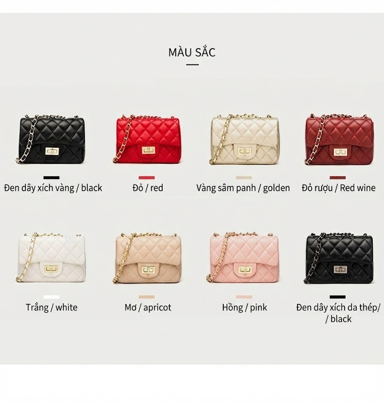 Túi Đeo Chéo Nữ Mini Trám Ô Dây Xích Da Bóng Phong Cách Tiểu Hương Màu Đen, Trắng, Đỏ, Hồng... chi tiết 56