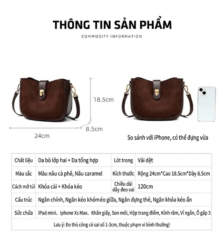 Túi Đeo Chéo Nữ Nỉ Dáng Yên Ngựa Phong Cách Retro Màu Nâu chi tiết 4