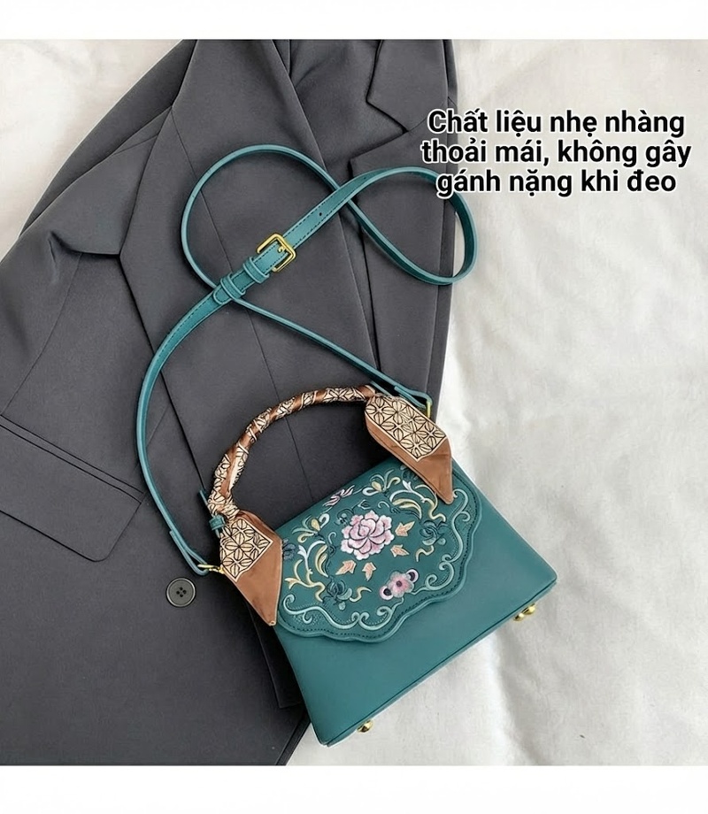 Túi Đeo Chéo Nữ Thêu Họa Tiết Phong Cách Trung Hoa Tiểu Nhỏ Da Bóng Màu Xanh, Đen chi tiết 5