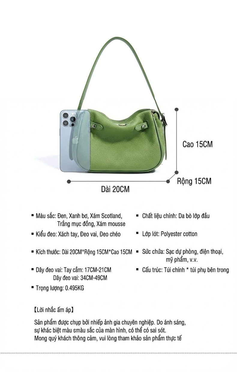 Túi Đeo Chéo Nữ Thiết Kế Gối Bầu Dục Nhỏ Gọn Phong Cách Thời Trang Màu Xanh Lá, Be, Trắng, Đen chi tiết 9